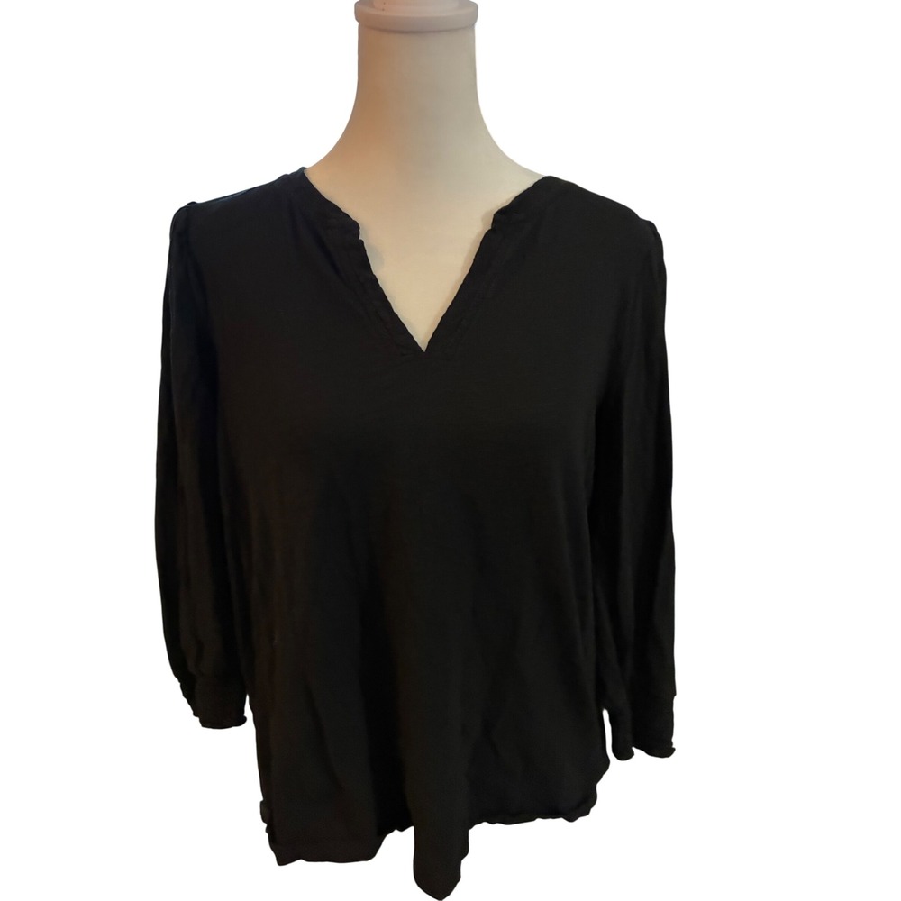 Time and Tru Womens Black 100% Cotton Split V-Neck Puff Sleeve Top Size L 12-14